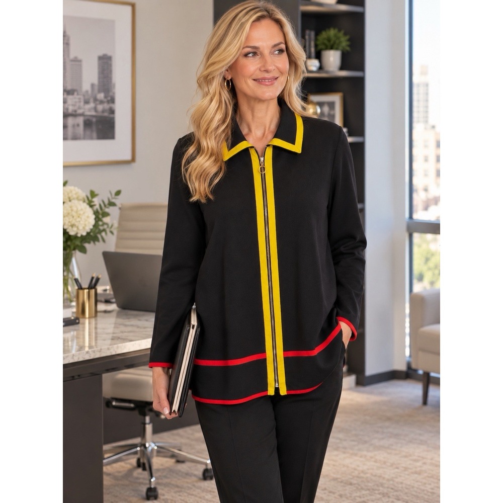 Vtg  ST JOHN Marie Gray Sport Black Cotton Knit Zip Jacket~L~Colorblock Tailored